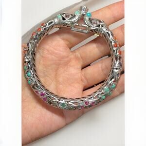 Vtg Elephant Indian Silver Metal Turquoise Emerald Ruby Sapphire Bangle Bracelet